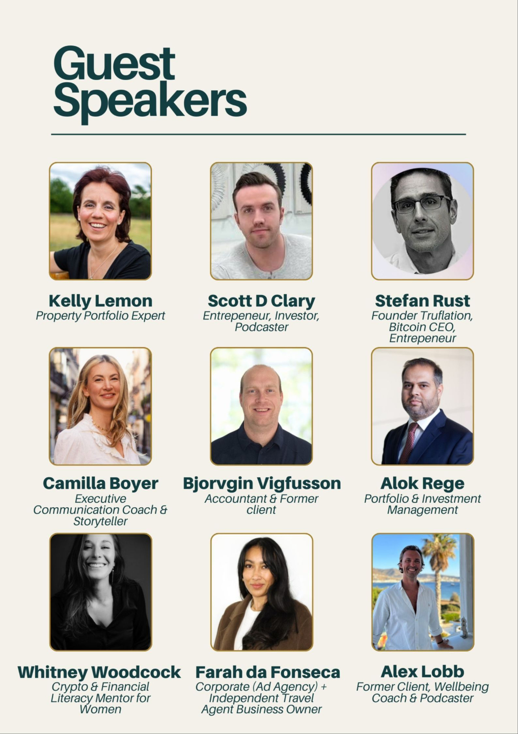 Guest speakers in the Portfolio Career Mastermind including Kelly Lemon, Scott D Clary, Stefan Rust, Camilla Boyer, Bjorvgin Vigfusson, Alok Rege, Whitney Woodcock, Farah da Fonseca and Alex Lobb
